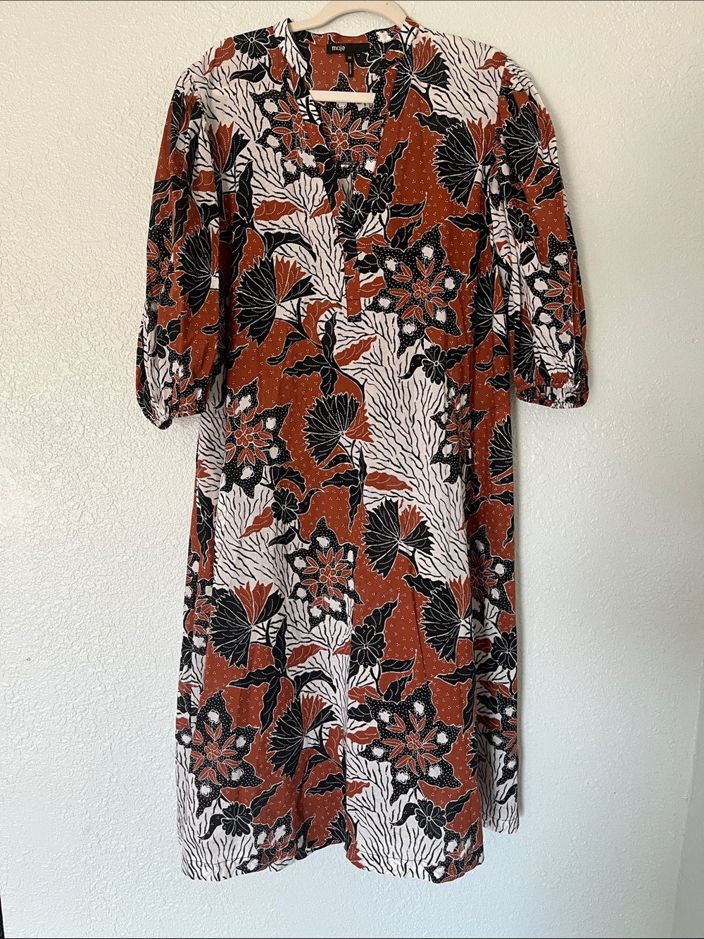 Maje Rust, Black & White Floral Midi Dress, with pockets no belt